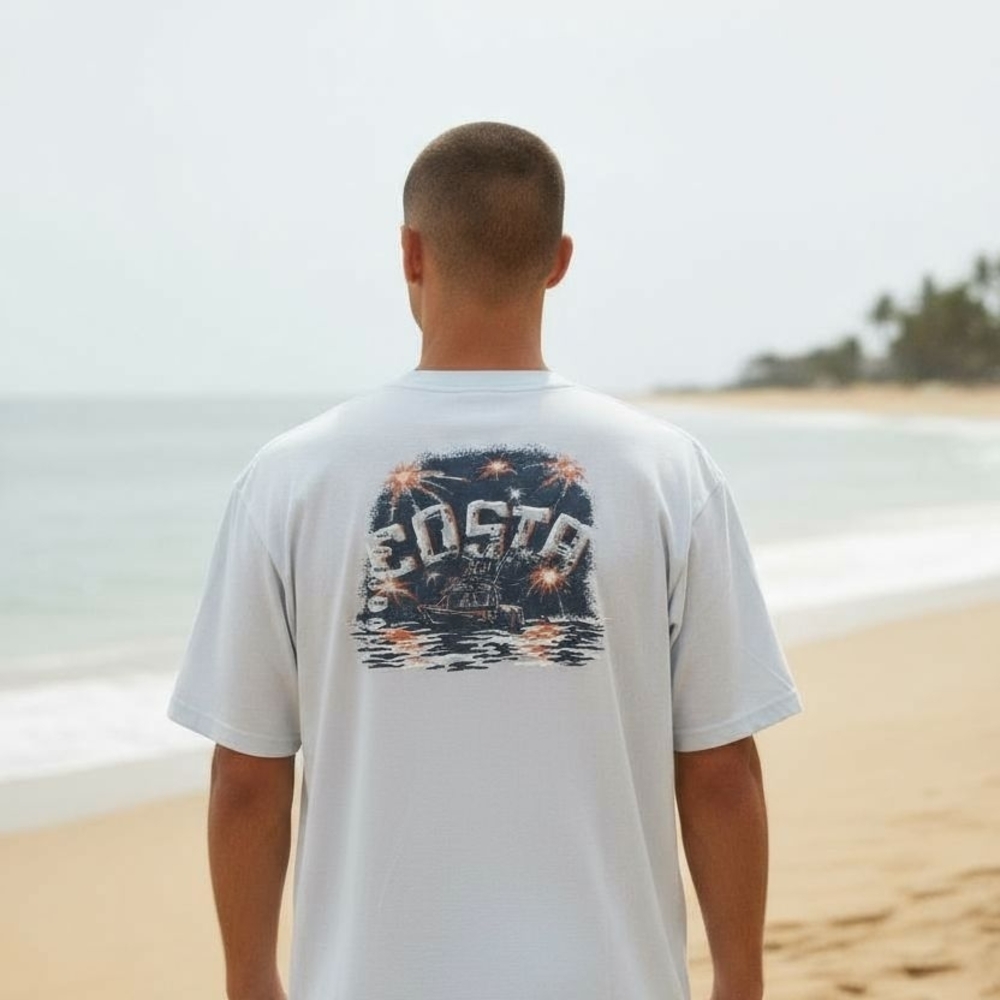 Costa White T-Shirt with Beach Graphic
